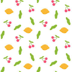 Summer food pattern with cute sweet cherry and lemon. Hand drawn flat cartoon elements. Vector illustration