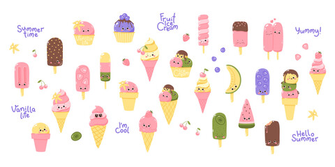 Big vector sticker set of cute kawaii ice cream characters isolated on white background. Cold dessert. Summer sweetness.