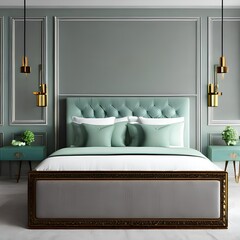 A serene and sophisticated bedroom design with a calming color scheme and mint green accents1, Generative AI