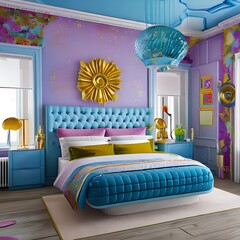 A playful and childish bedroom design with fun cartoon bedding and brightly colored walls3, Generative AI