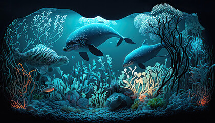 Fototapeta na wymiar Illustration of animals and plants in the ocean with bioluminescence by generative AI