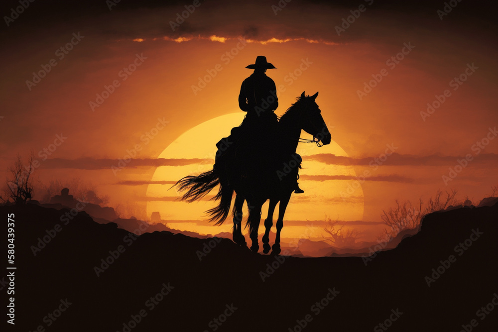 Wall mural Horse rider at sunset Generative AI 