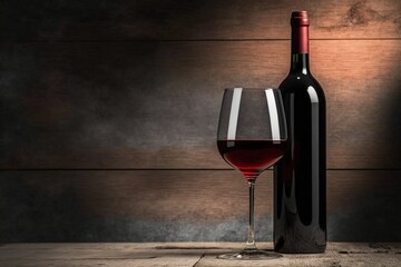 red wine bottle and glass goblet on wooden background
