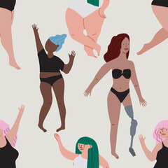 Semless pattern. Cute girls.Body positive movement and variety of beauty. Flat illustration. 