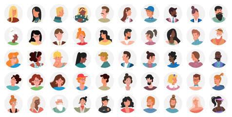 Set of portraits, avatars, icons people, male female expressing emotions. Laughter joy, smile calmness. Diversity of personages, multiethnic society. Modern stylish diverse people vector illustration