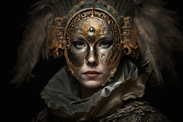 Beauty model woman wearing venetian masquerade carnival mask, Created using generative AI tools..