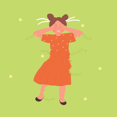 Happy cute girl lying on carpet grass in park or garden, top view vector illustration. Childhood top view concept