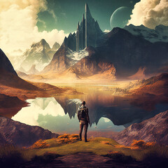 A man facing a beautiful fantasy landscape - generative ai