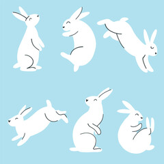 Set of minimalistic easter bunny. Vector illustration of rabbit silhouettes, farm animal in different poses for card, print, poster, web design