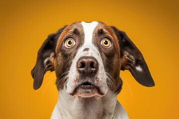 Funny portrait of a dog whose face shows stress, alertness, worry, fear, and begging. Stands out against a yellow background. Generative AI