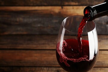 red wine bottle pouring wine into a glass goblet on wooden background