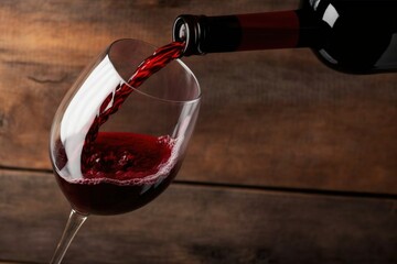 red wine bottle pouring wine into a glass goblet on wooden background