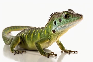 Obraz premium Gastropholis prasina, a green keel bellied lizard, is shown alone on a white background. Generative AI