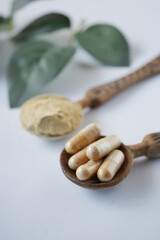 herbal medicine capsule on a wooden spoon 
