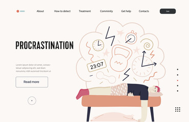 Mental disorders web template. Procrastination - modern flat vector illustration of man suffering under the weight of problems and obligations. People emotional, psychological, mental traumas concept