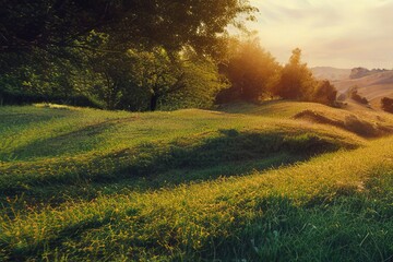 Beautiful natural spring summer landscape of meadow in a hilly area on sunset. Field with young green grass near forest area