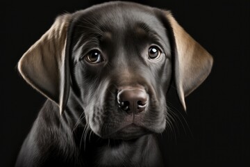 Front view of a beautiful Labrador Retriever puppy looking sad and up, isolated on a black background. Generative AI