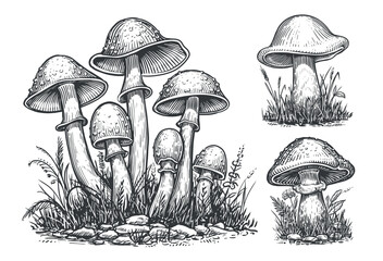 Mushrooms set. Hand drawn growing mushroom, mycelium in vintage engraving style. Sketch vector illustration © ~ Bitter ~