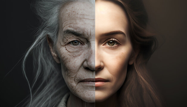 one face of human woman youth and old age .two parts of the face of life aging human comparison two halves.Generative AI