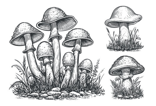 Mushrooms set. Hand drawn growing mushroom, mycelium in vintage engraving style. Sketch vector illustration