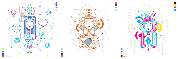A set of linear representations of women, the profession of a nurse, scientist and graphic designer. A young woman, a thinker. Girl with ideas, gears, working cogs