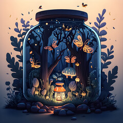 Magic forest, micro world in a glass jar. AI generation.