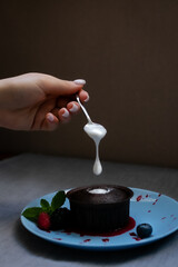 a drop of butter cream, a drop, a chocolate cake with berries, a cupcake,.dark picture with cakes.berries on a cake.Cakes for children's celebration.Sweets from natural products.cake decorating