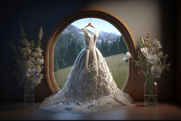 White wedding dress on display, illustration generative ai
