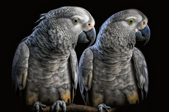 Grey parrots with their beaks shut are looking to the right. A picture of an animal in grey. Generative AI