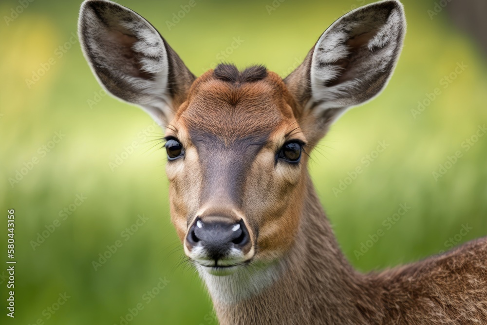 Sticker Deer portrait close up, a cute female deer standing on a slope in a green meadow with trees and looking lovingly, macro photography. Generative AI