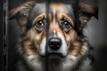 Cute dog was left behind bars. The hungry pet wants food. Sad animal eyes up close. A shelter has a lonely dog who is waiting to be adopted. Animal mistreatment. Horizontal photo of high quality