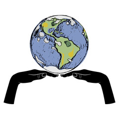 Two beautiful silhouetted female hands holding planet Earth. Creative environmental concept. Isolated vector illustration.