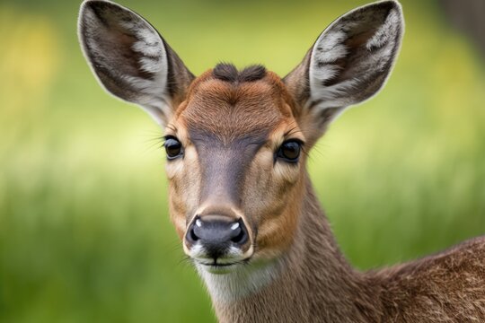 Deer portrait close up, a cute female deer standing on a slope in a green meadow with trees and looking lovingly, macro photography. Generative AI
