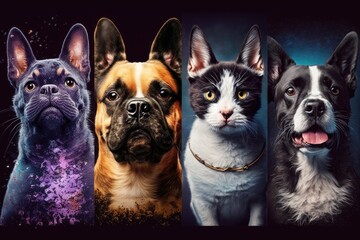 Cute and stylish dogs and cats striking poses. Cute pets happy. All of the purebred dogs and cats. Collage of art set against a background of different colors in a studio. Front view, modern design. C