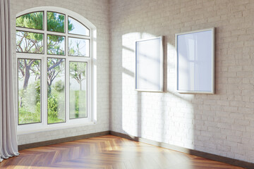 empty canvas poster mock up hanging on a wall; empty living room interior; bright daylight shining through a large window; home decoration desing; 3D Illustration
