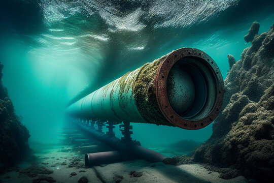 Pipeline underwater. Natural Gas Pipeline underwater. Construction Gas Pipeline undersea. Natural Gas and Crude oil pipe underwater. Transit petrochemical pipe undersea. Ai Generative
