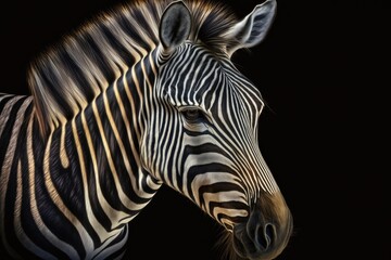 Detail of zebra portrait in color on a black background. A picture used for advertising. Popular african animal. Generative AI