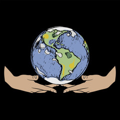 Two beautiful female hands holding planet Earth. Goddess Gaia. Mother nature. Creative environmental concept. On black background.