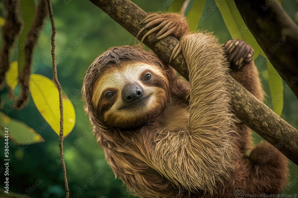 Poster Cute sloth hanging from tree branch with funny face, perfect portrait of wild animal in the Rainforest of Costa Rica scratching the belly. The brown throated three toed sloth, or Bradypus variegatus