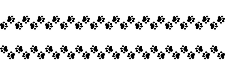 Naklejka na ściany i meble Frame paw pattern. Repeating cute zoo border. Black footprint boarder isolated on white background. Repeated animal frames. Seamless border for design prints. Repeat footmark step. Vector illustration