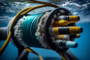 Submarine communications cable undersea. Underwater Cables Across The Atlantic. Cable Underwater in ocean. Internet submarine cables undersea. Global network, underwater Internet. Ai Generative