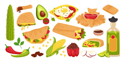 Mexican cuisine flat illustrations. Traditional spicy food. Tequila drink with lime, tacos, tortilla chips with chilly