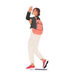 Cheerful Girl Student Character Waving Hand With Backpack On Her Back. Energetic And Positive Vibe Image