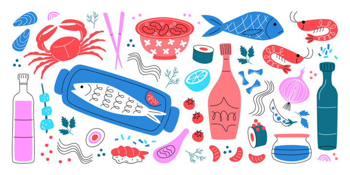 Hand Drawn Abstract Seafood Illustrations. Ingredient For Asian Food Preparations. Sushi, Soup And Rolls With Fish