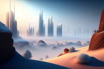 Surreal futuristic city covered in a desert in a winter scene covered with fog and snow, created with Generative AI technology