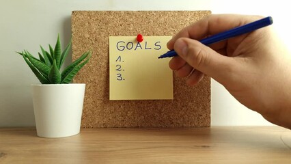 Paper note with goals memo on cork bulletin board. Inspiration, motivation, business concept