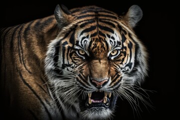 Fototapeta na wymiar Face of an angry Sumatran tiger, angry animal, head of a Sumatran tiger up close with a gray background. Generative AI