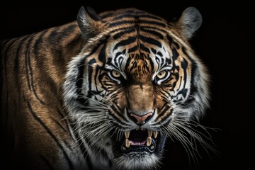 Face of an angry Sumatran tiger, angry animal, head of a Sumatran tiger up close with a gray background. Generative AI