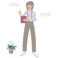 A businesswoman stands with a tablet in her hands. Serious girl while working in the office or at home. Flat vector isolated illustration of a modern office worker on a white background.