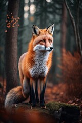 Naklejka na ściany i meble A majestic red fox, clean sharp focus, national geographic, highly detailed fur, soft shadows, no contrast, f-stop 1.8, blurry background, professional color grading, film photography.